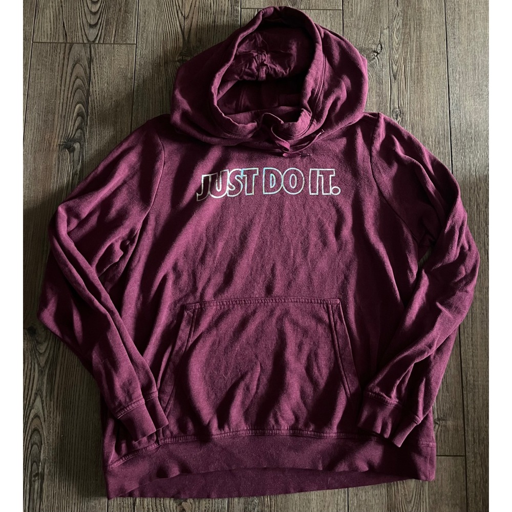 Nike Just Do It Hoodie Womens Large Burgundy Maroon Iridescent Graphic Pullover